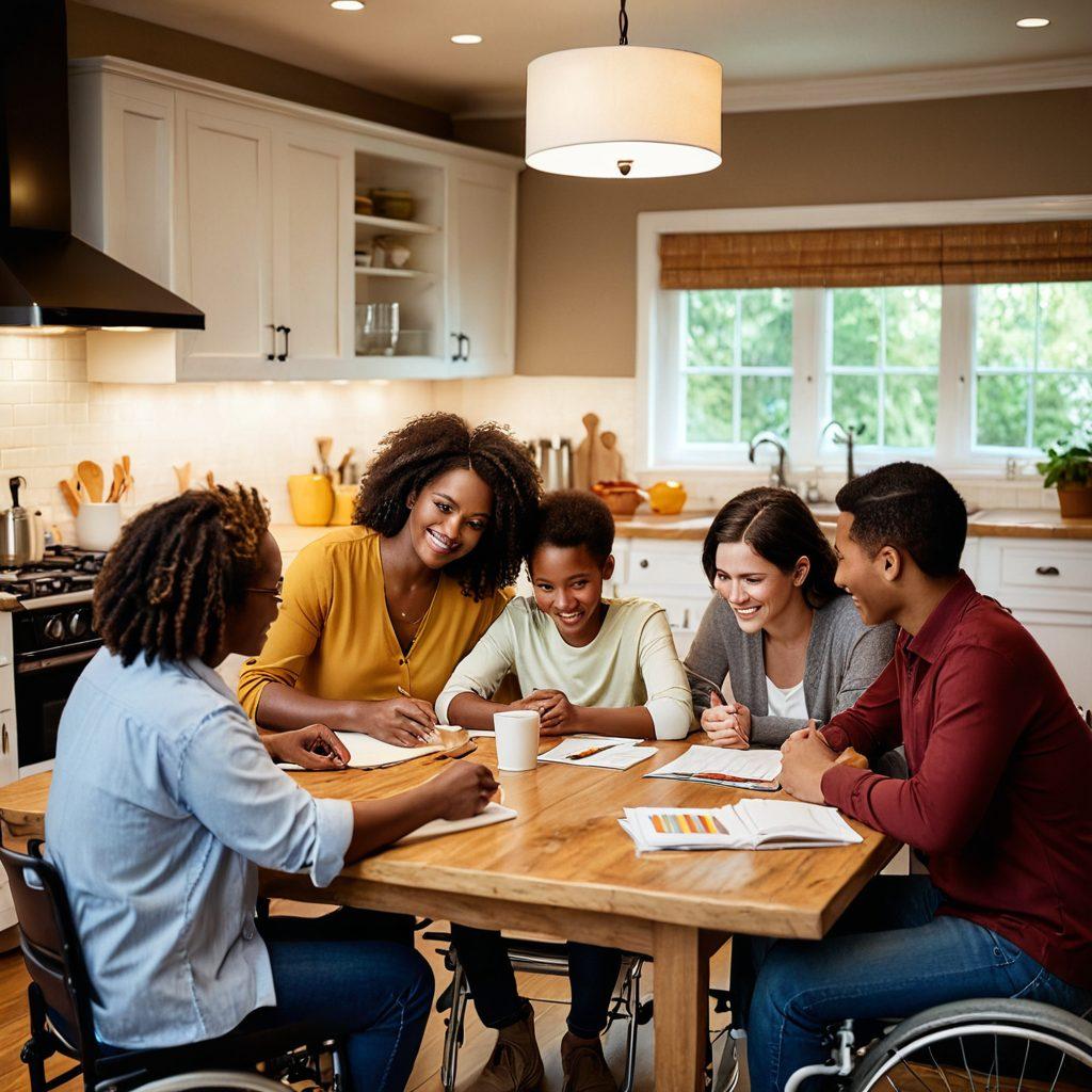 A family of diverse backgrounds discussing insurance options at a cozy kitchen table, with special needs equipment subtly placed around them. The ambiance is warm and inviting, highlighting empathy and support. Visual aids like charts and graphs should be visible, demonstrating tailored insurance solutions. Emphasis on connection and understanding among family members is key. soft focus. warm tones. super-realistic.