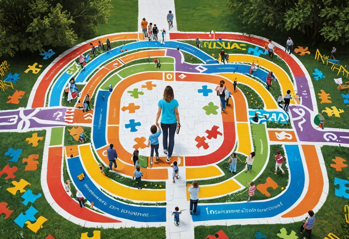 A thoughtful parent standing at a crossroads in a vibrant maze, surrounded by colorful symbols representing various insurance options, such as puzzle pieces, safety nets, and support icons. In the background, a warm and welcoming family scene depicting a child with special needs enjoying a day at the park. The scene conveys hope, guidance, and understanding in navigating insurance solutions. super-realistic. vibrant colors. white background.