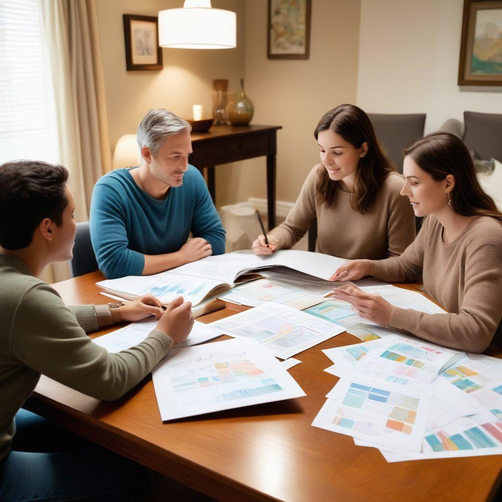 A warm and inviting family scene showcasing a diverse family discussing their comprehensive protection plans at a cozy dining table. Elements like charts, documents, and a laptop on the table symbolize planning for autism services and long-term care. Include soft lighting that creates a comforting atmosphere, with subtle hints of support resources around the room. illustration. soft color palette.